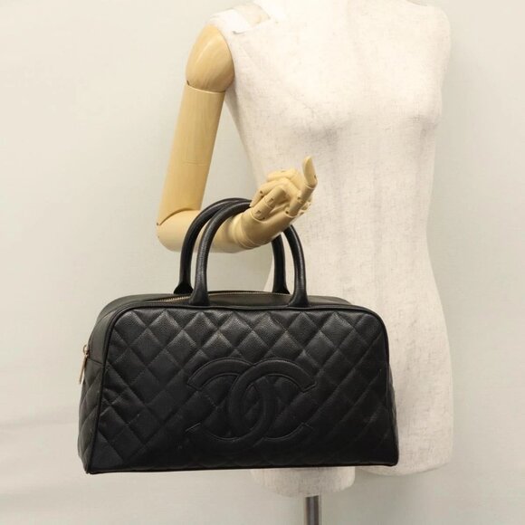 CHANEL Matelasse Hand Bag Grained Calf Skin Black Gold CC Auth - Picture 1 of 16